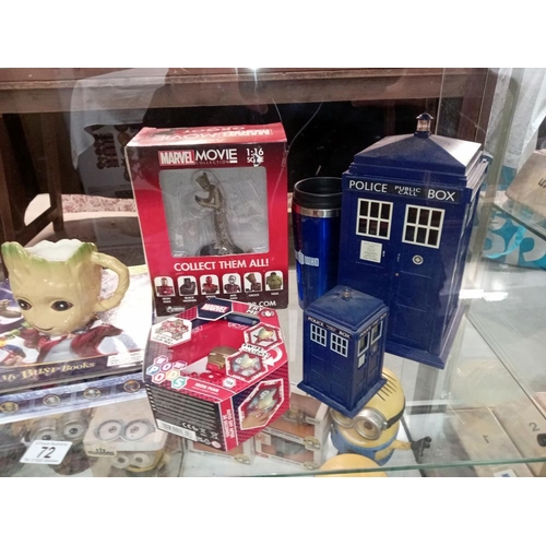 72 - A mixed lot including Iron Man figure, Dr Who Tardis etc. Guardians of the Galaxy book etc. (only 11... 