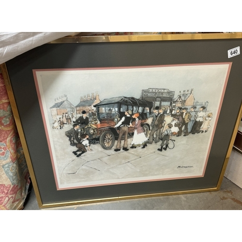 640 - A large T M Chapman period print of crowd around early Rover car