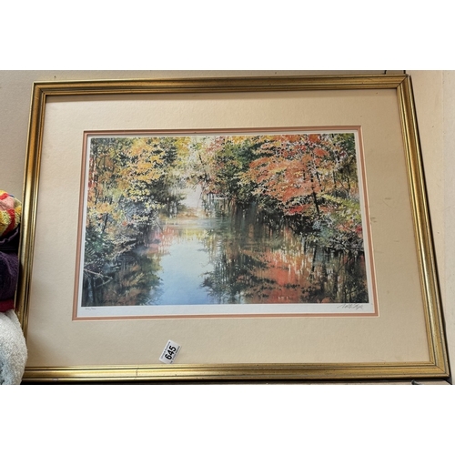 645 - A large unglazed limited edition print of wooded pool, 306/950