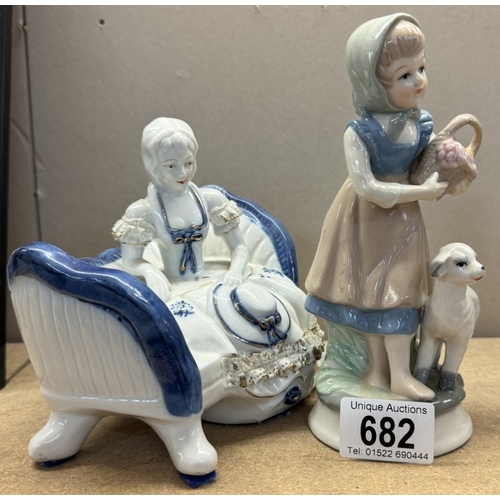 682 - 4 blue & white china figures of girls & lambs etc.