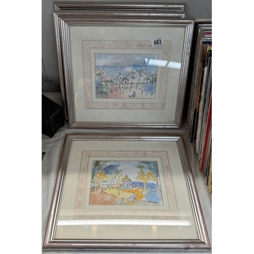 683 - A set of 4 unusual style prints in silver coloured frames