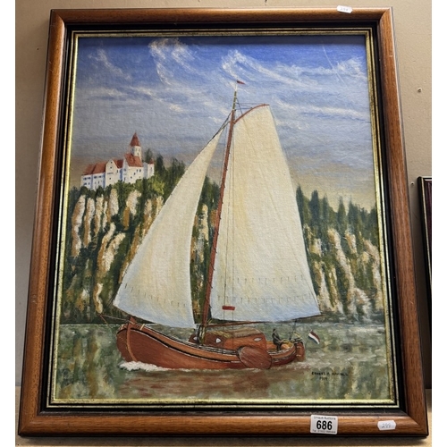 686 - A large oil on board of a Sailing Ship, signed Ernest Makins