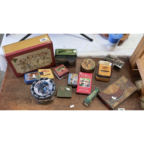 688 - A selection of vintage packaging including tins 'HMV' gramophone, sound box & empty box etc.