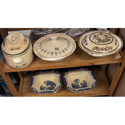 693 - A quantity of Johnson Bros Indian Tree, Snow white tureens, Spode tureen & 2 others without lids