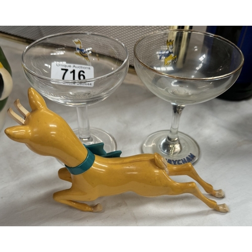 716 - 2 Babycham glasses & a plastic deer