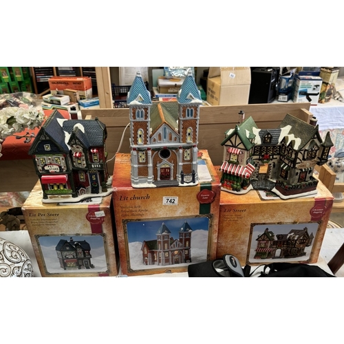 742 - 3 boxed Luminco lit Christmas pottery buildings