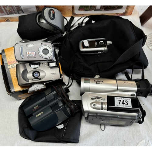 743 - A Canon G30 camcorder & other cameras & binoculars