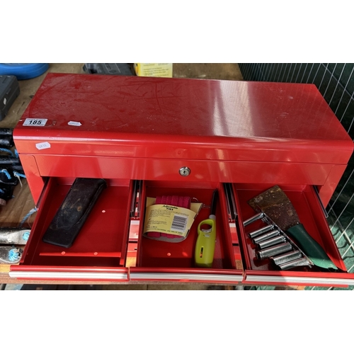 185 - A red metal tool case with various tools