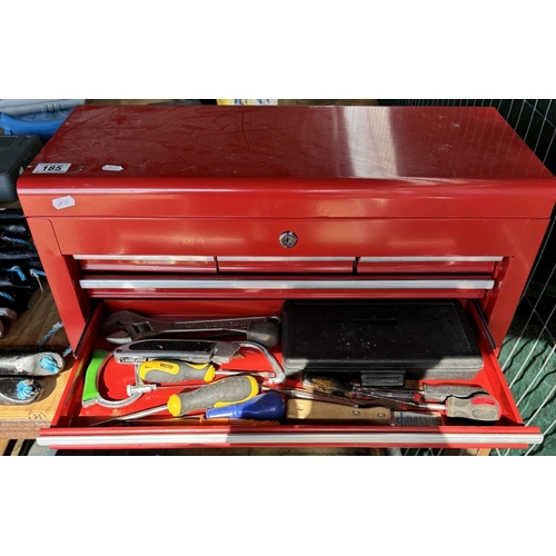 185 - A red metal tool case with various tools