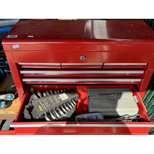 185 - A red metal tool case with various tools