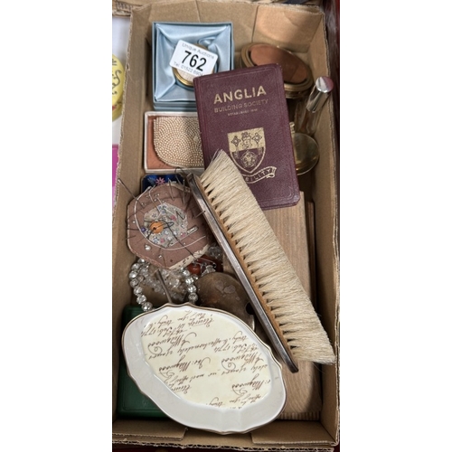 762 - A box of miscellaneous including sewing items & silver brush etc.