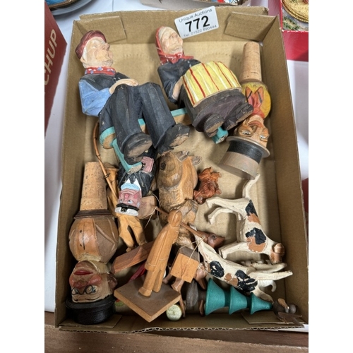 772 - A collection of wooden figures & items including German wine stopper