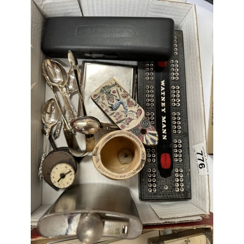 776 - A mixed lot including advertising, Watney Mann. cribbage board & hip flask etc.