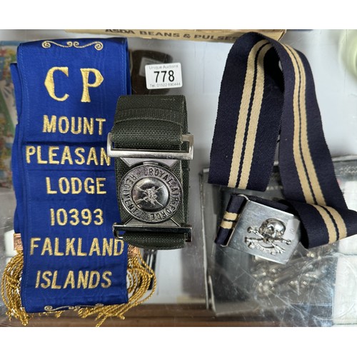 778 - A box of militaria including RAF regiment  belt, Masonic Lodge sash, Mount Pleasant (Falkland Island... 