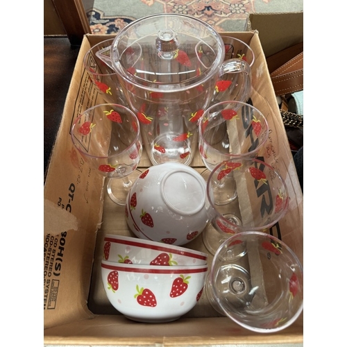 795 - A plastic strawberry pattern, drinks glasses, jug & 4 cereal bowls