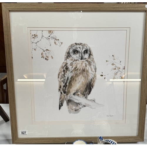 827 - A framed and glazed drawing of an owl, signed Lisa Audit