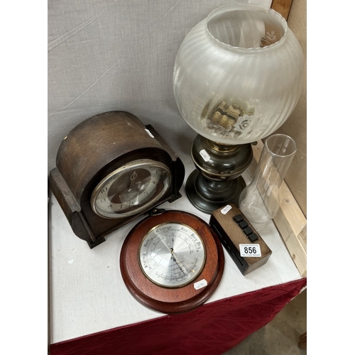 856 - A perpetual calendar, oil lamp, round barometer & mantel clock