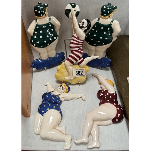 862 - 5 pottery bathroom wall hangings of seaside Buxom ladies