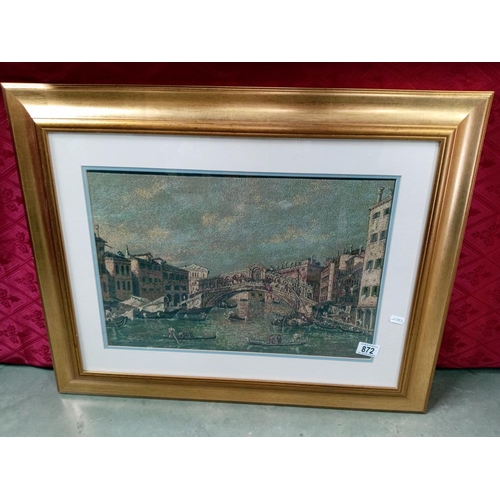 872 - A large gilt framed tapestry of the 'Lido De Jesolo' Venice, Frame 74cm x 59cm, image 49cm x 32cm