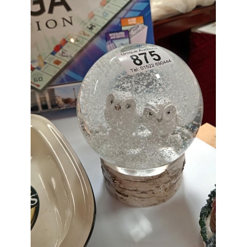 875 - 2 snow globes one with owls & one with Father Christmas (musical)