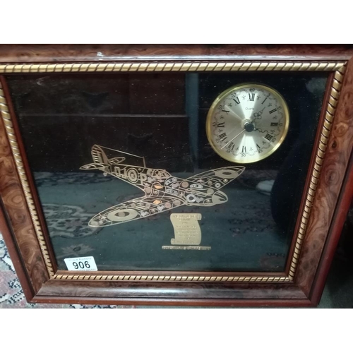 906 - A framed & glazed Supermarine Spitfire MK1 plane & clock (The Battle of Britain 1940)