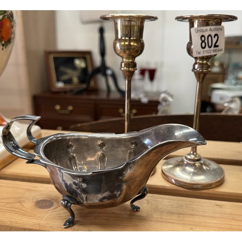 802 - A pair of Arthur Price candlesticks & A Mappin & Webb silver plated gravy dish.