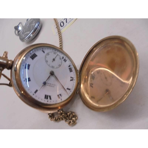 1078 - Three Full Hunter pocket watches on Alberts.