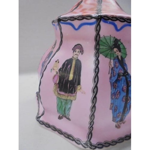 1084 - A hand painted Czeckoslovakian glass lamp shade decorated with figures in Chinese costume.