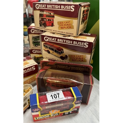 107 - A quantity of Great British buses including Matchbox, Yesteryear etc