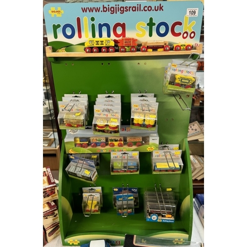 109 - A shop display stand by Big Jigs Rail with contents of rolling stock