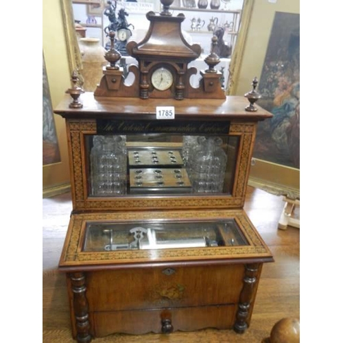 1785 - A good Victorian music box playing 8 tunes in Tunbridge ware case complete with 2 decanters and pipe... 