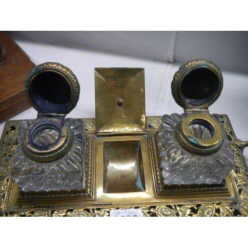 1806 - A double brass inkstand and a brass letter opener.