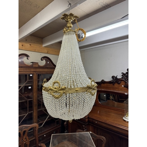 1776 - A mid 20th century brass and glass 'basket' chandelier, COLLECT ONLY.