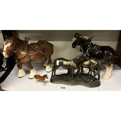 609 - 2 Large pottery shire horse's & 2 others