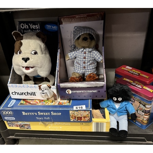 616 - A quantity of jigsaws, A meerkat, Churchill dog soft toy etc