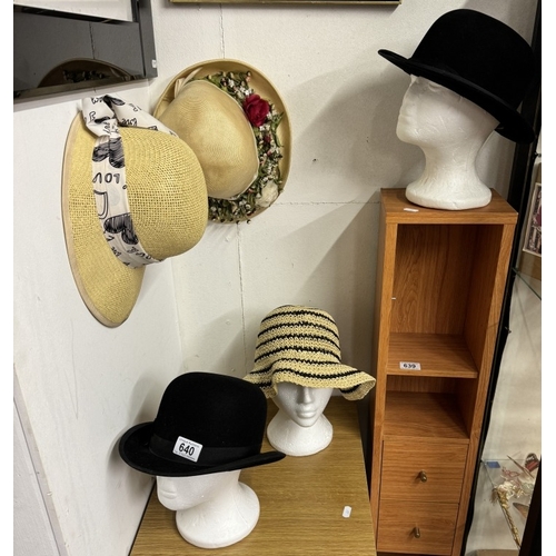 640 - 2 Bowler hats (Newarks) (6 & 5/8ths) & (6 & 7/8ths) & 3 other hats