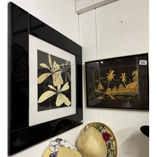 642 - An oriental picture made from straw & 1 other in a bevelled black glass frame