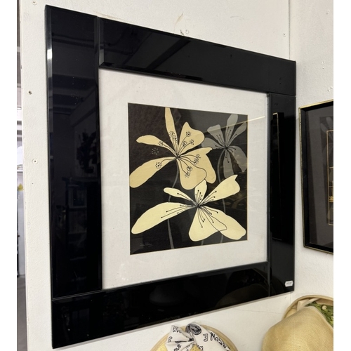 642 - An oriental picture made from straw & 1 other in a bevelled black glass frame