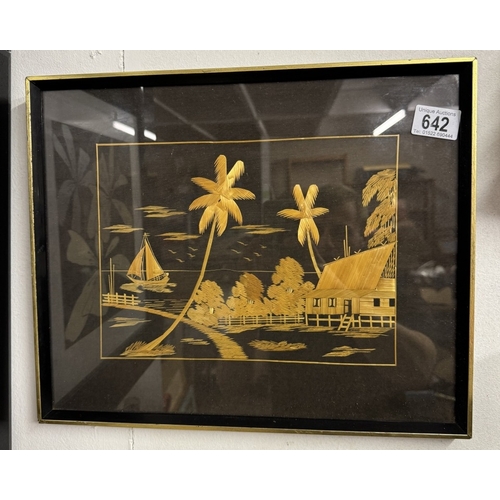 642 - An oriental picture made from straw & 1 other in a bevelled black glass frame