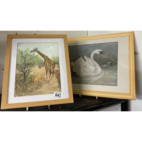 643 - 2 framed prints of swan and giraffe