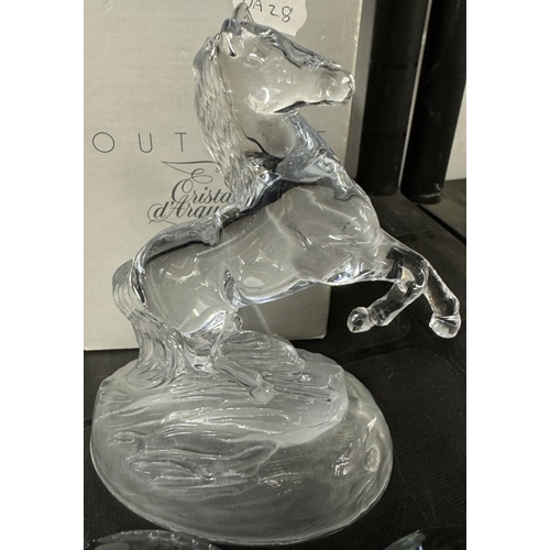 654 - 2 glass paperweights and a boxed crystal figure of a horse