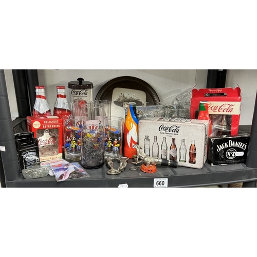 660 - A good selection of Coca Cola branded items including bottle opener, bottles (2 sealed) tin, glasses... 