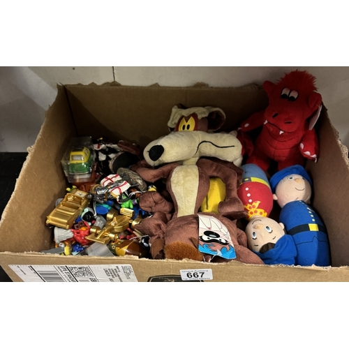 667 - A box of toys including Tasmanian devil soft toys etc