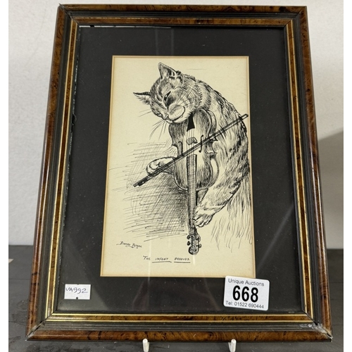 668 - A framed and glazed cat picture by Bernard Patrick called The Infant prodigy