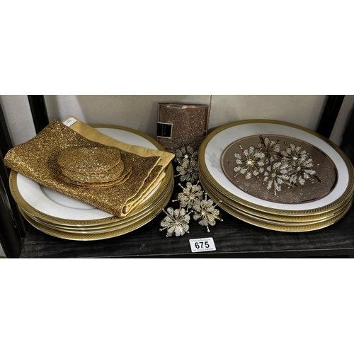 675 - 8 decorative dinner plates, coasters, bling napkin rings etc