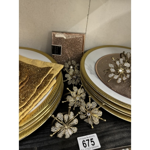 675 - 8 decorative dinner plates, coasters, bling napkin rings etc