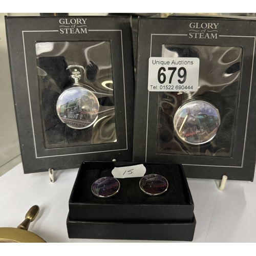 679 - 2 Glory Of Steam pocket watches & A pair of cufflinks