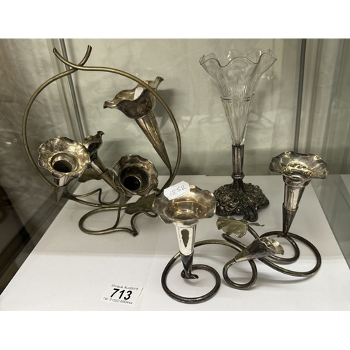 713 - 2 Silver plated epergnes & A silver plated and glass trumpet vase