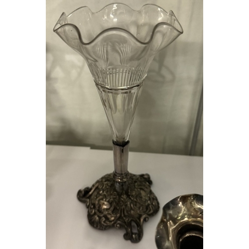 713 - 2 Silver plated epergnes & A silver plated and glass trumpet vase