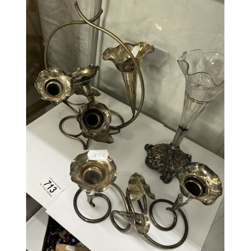 713 - 2 Silver plated epergnes & A silver plated and glass trumpet vase